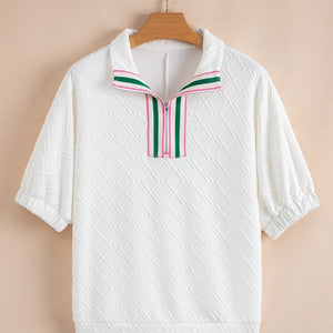Zipper Textured Pop Of Color Neckline Blouse