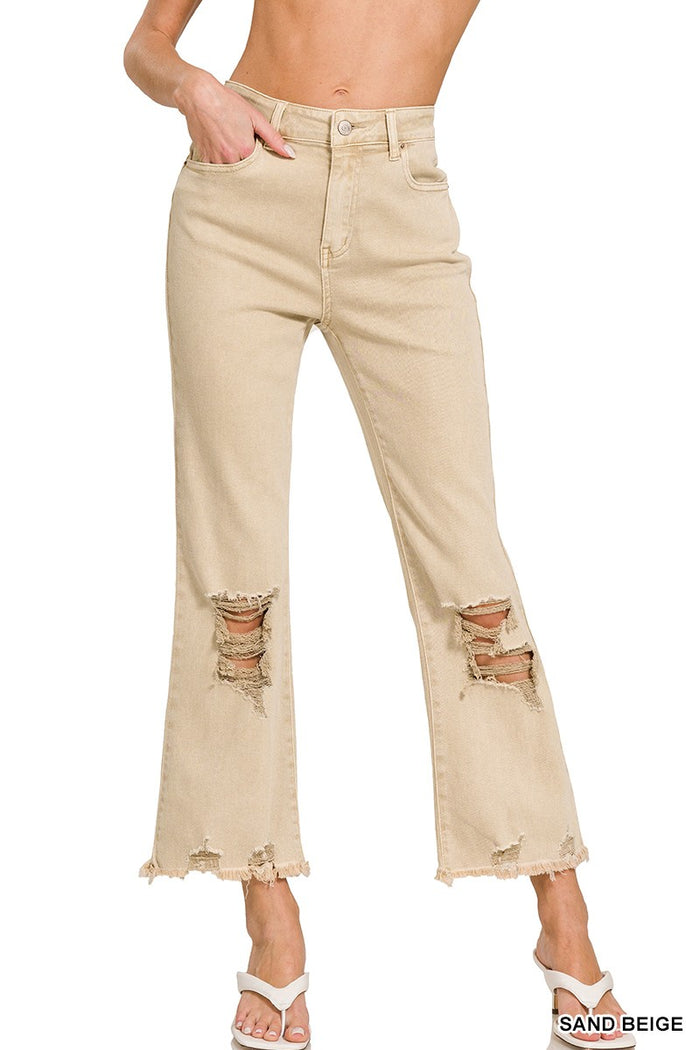 SAND BEIGE ACID WASHED HIGH WAIST DISTRESSED STRAIGHT JEAN