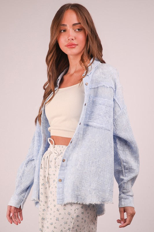 Blue Mineral Washed Gauze Button Down Shirt Top