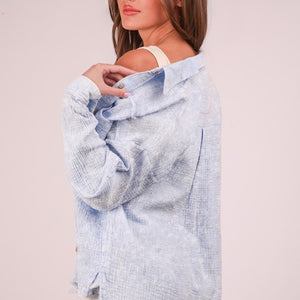 Blue Mineral Washed Gauze Button Down Shirt Top