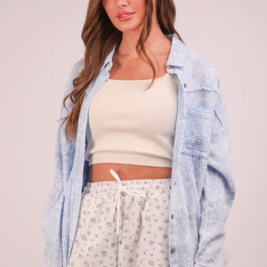 Blue Mineral Washed Gauze Button Down Shirt Top