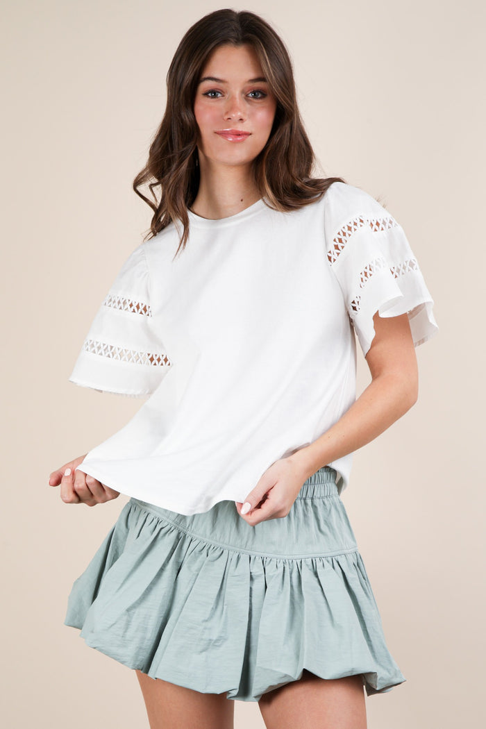 Lace Trim Sleeve Solid Knit Top