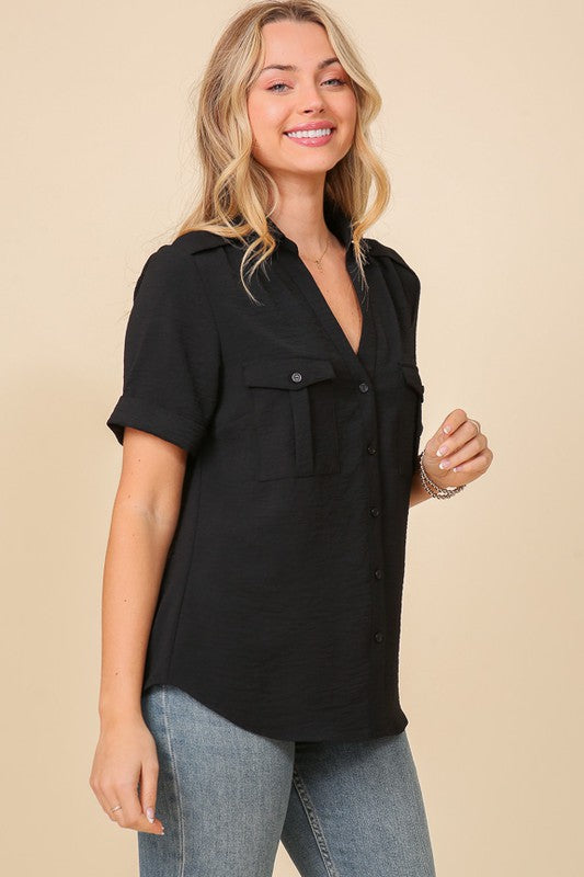 Black Brooklyn airflow button down top