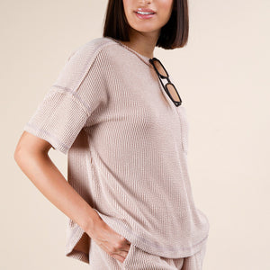 Oatmeal Oversized Comfy Soft Two Tone Double Knit Top & Shorts