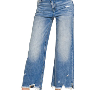 DISTRESSED RAW HEM DENIM PANTS