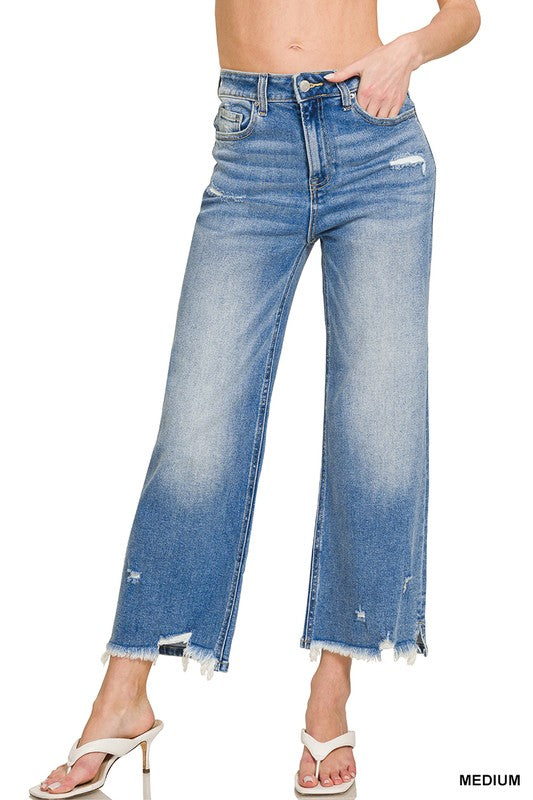 DISTRESSED RAW HEM DENIM PANTS