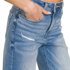 DISTRESSED RAW HEM DENIM PANTS