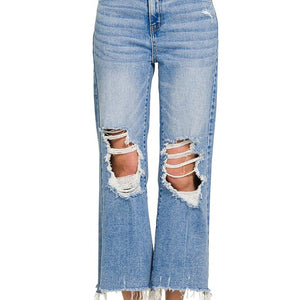 Distressed Knee Raw Frayed Hem Cropped Denim Pants