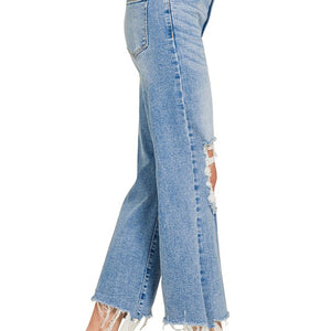 Distressed Knee Raw Frayed Hem Cropped Denim Pants