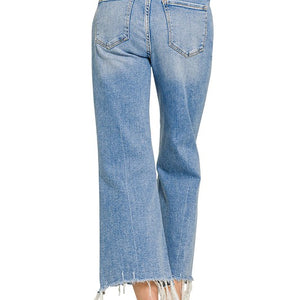 Distressed Knee Raw Frayed Hem Cropped Denim Pants