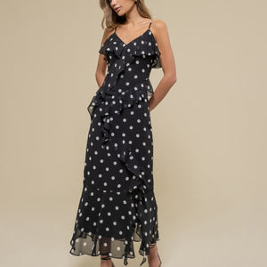 POLKA DOT RUFFLE WRAP SLEEVELESS MIDI DRESS