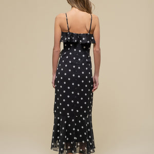 POLKA DOT RUFFLE WRAP SLEEVELESS MIDI DRESS