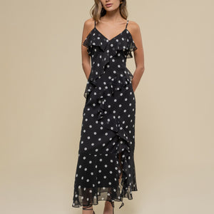 POLKA DOT RUFFLE WRAP SLEEVELESS MIDI DRESS