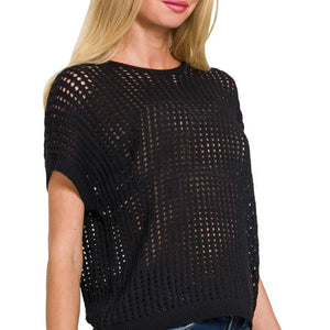 BLACK Viscose Crochet Knit Sheer Hollow Sweater