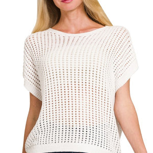 WHITE VISCOSE CROCHET KNIT SHEER HOLLOW SWEATER