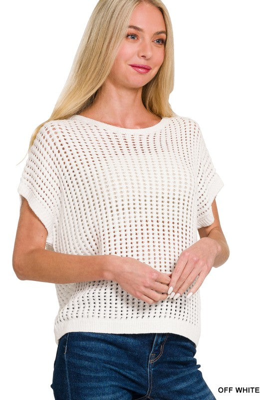 WHITE VISCOSE CROCHET KNIT SHEER HOLLOW SWEATER