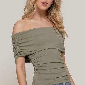 Off Shoulder Ruched Knit Top, 3 colors