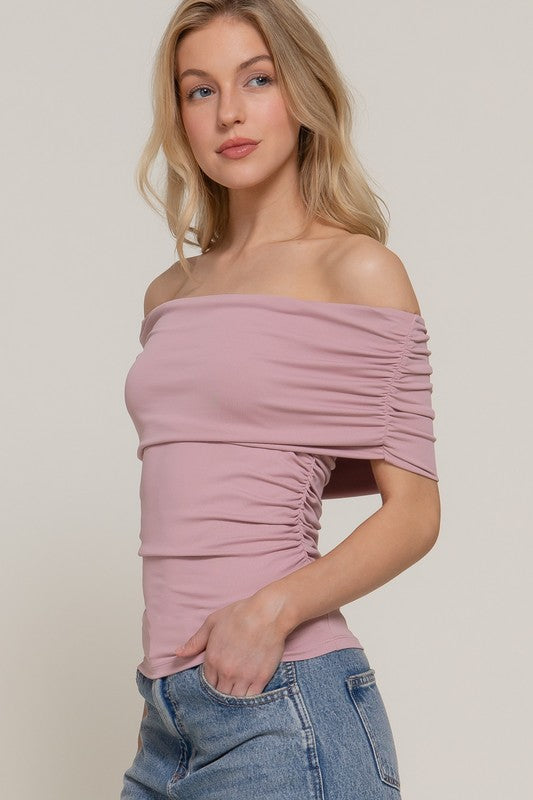 Off Shoulder Ruched Knit Top, 3 colors