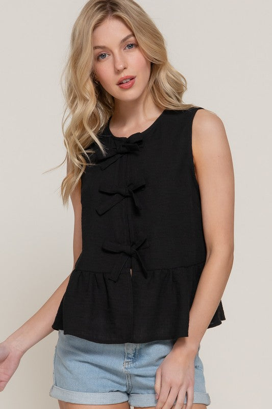 Sleeveless Bow Tie Linen Effect Top