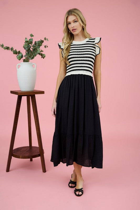 Stripe Sweater Top Mixed Media Midi Dress
