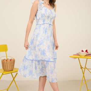 Floral Smocked Sweetheart Ruffle Trim Midi Dress