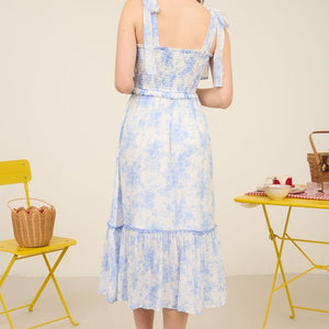 Floral Smocked Sweetheart Ruffle Trim Midi Dress