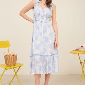 Floral Smocked Sweetheart Ruffle Trim Midi Dress