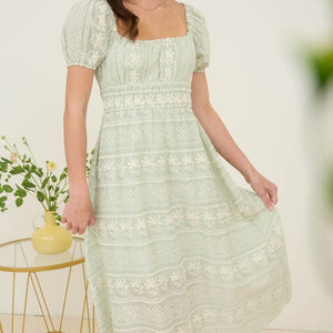 Sage Stripe Floral Embroidery Detail Maxi Dress