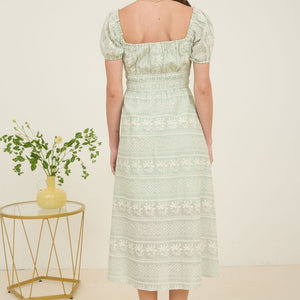 Sage Stripe Floral Embroidery Detail Maxi Dress
