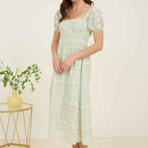 Sage Stripe Floral Embroidery Detail Maxi Dress
