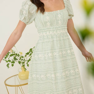 Sage Stripe Floral Embroidery Detail Maxi Dress