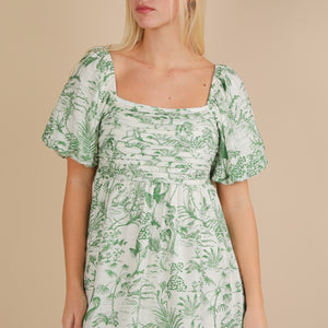 Green Printed Puff Sleeve Mini Dress