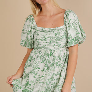 Green Printed Puff Sleeve Mini Dress