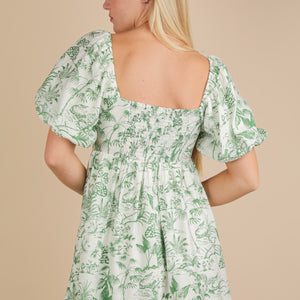 Green Printed Puff Sleeve Mini Dress