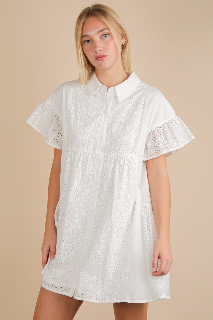 Eyelet Lace Ruffled Mini Shirt Dress