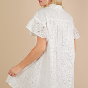 Eyelet Lace Ruffled Mini Shirt Dress