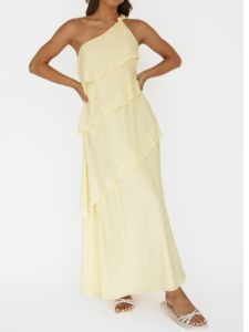 Yellow ruffle one shoulder dress.
