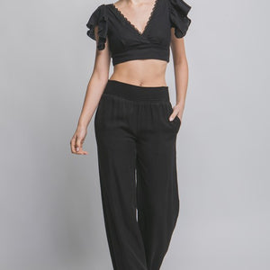 Black High Waisted Smocked Waist Casual Pants