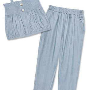 Girl's 2 pc Denim Chambray Pant Set W/ Smocked Tank Top