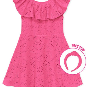 Girl's Eyelet Dress w/ Top Ruffle, & Matching Headband