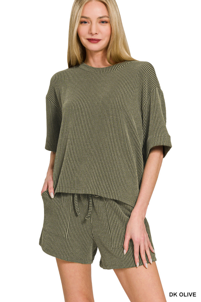 Olive Corded Rib Short Sleeve Tee & Short Set