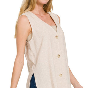 Linen 3 Button Vest, oversized