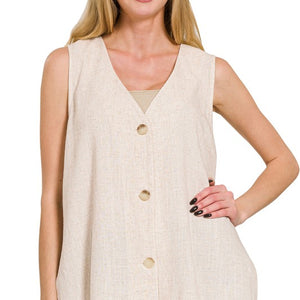 Linen 3 Button Vest, oversized