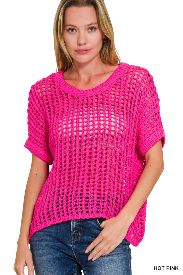 Pink Fish Net Short Sleeve Crochet Sweater