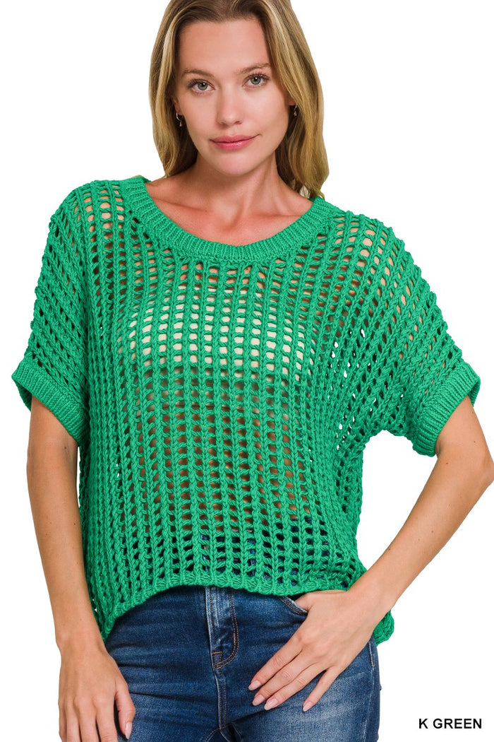 GreenFish Net Short Sleeve Crochet Sweater