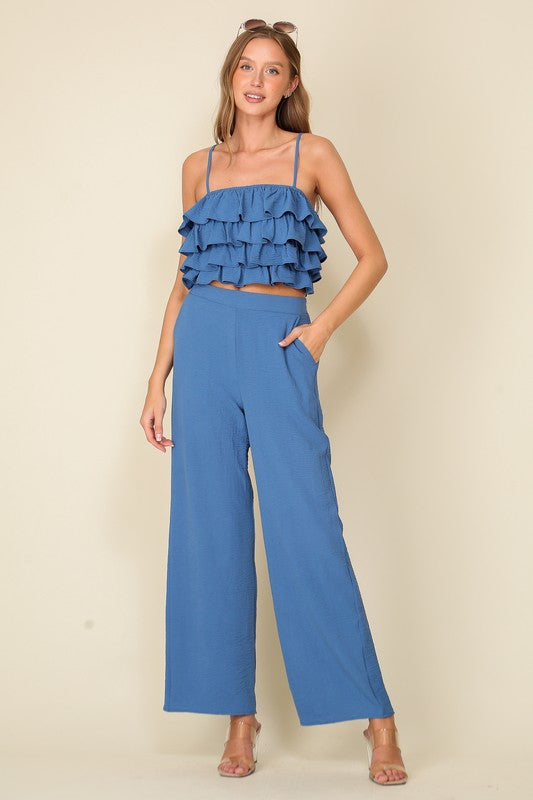 Blue Tiered airflow crop top and pant set