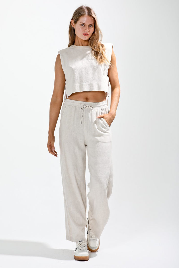 Oat Elastic waist w/drawstring loose fit pants