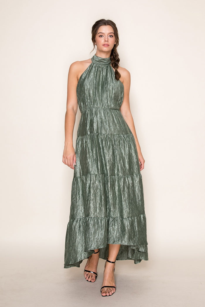 Olive Halter Neck Tiered Maxi Dress.