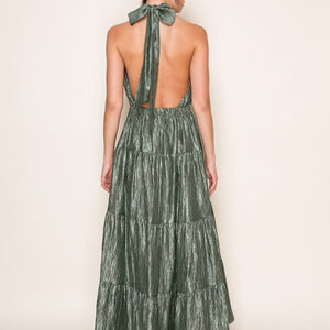 Olive Halter Neck Tiered Maxi Dress.