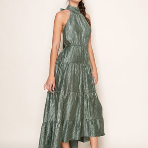 Olive Halter Neck Tiered Maxi Dress.